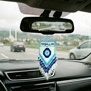 Maşallah Yazılı Nazar Boncuğu Desenli El Örmesi Araba Dikiz Aynası Süsü