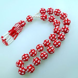Kırmızı Beyaz İri Habbeli El Örmesi Koza Tesbih