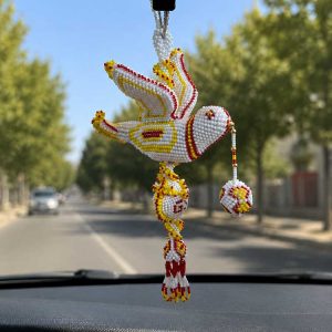 Sarı Kırmızı Boncuk Örgü Kuş Dikiz Aynası Süsü